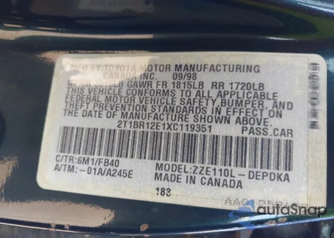 1999 Toyota Corolla Ce из США, поврежденный, VIN 2T1BR12E1XC119351